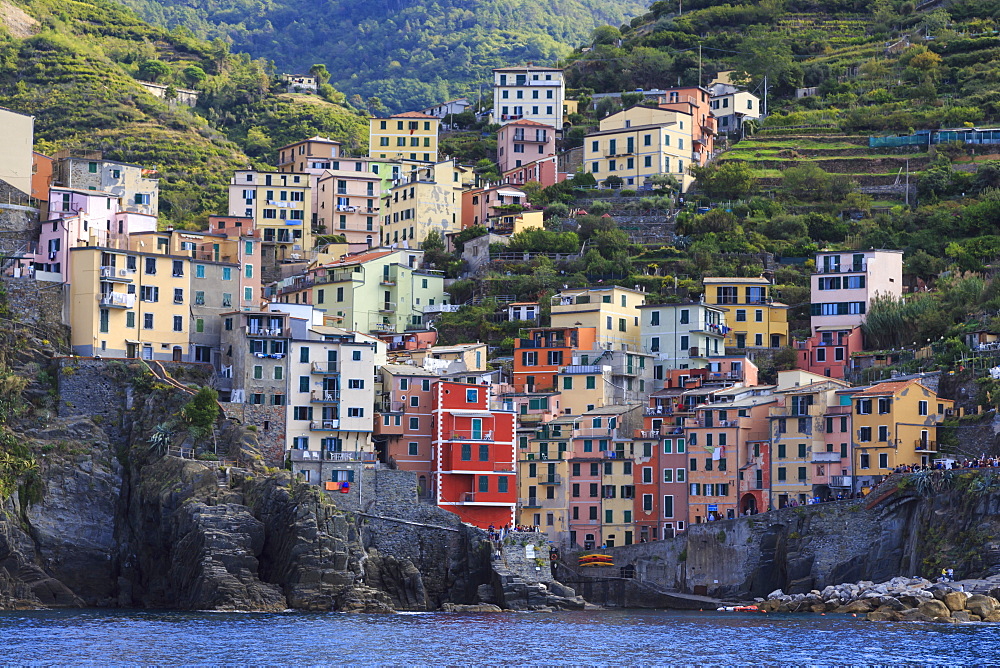 Tiny harbour and medieval houses in steep ravine, Riomaggiore, Cinque Terre, UNESCO World Heritage Site, Ligurian Riviera, Liguria, Italy, Europe