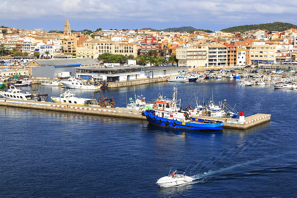 Town centre, fishing boats and pleasure craft, from the sea, Palamos, Costa Brava, Girona, Catalonia, Spain, Europe