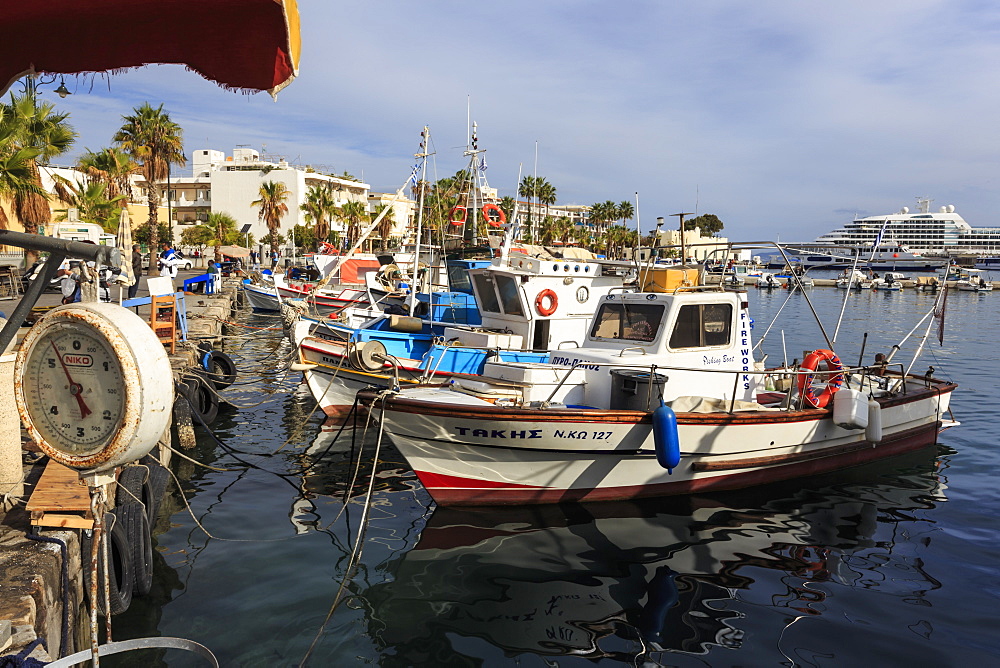 Fishing boats and cruise ship, harbour, Kos Town, Kos, Dodecanese, Greek Islands, Greece, Europe