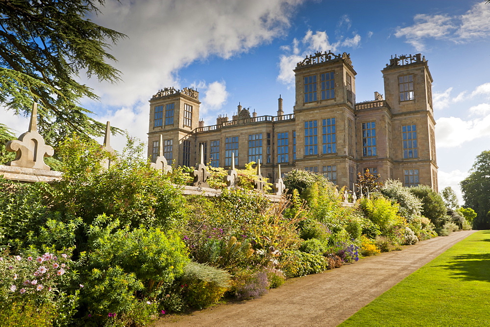 Perennial border in late summer, Hardwick Hall, near Chesterfield, Derbyshire, England, United Kingdom, Europe