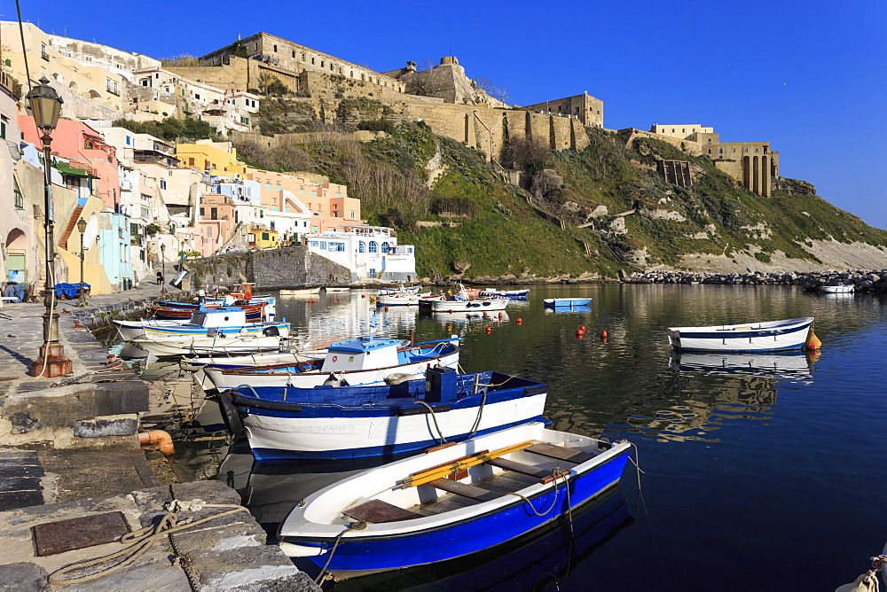 Marina Corricella, pretty fishing village, boats below Terra Murata acropolis fortress, Procida Island, Bay of Naples, Campania, Italy, Europe