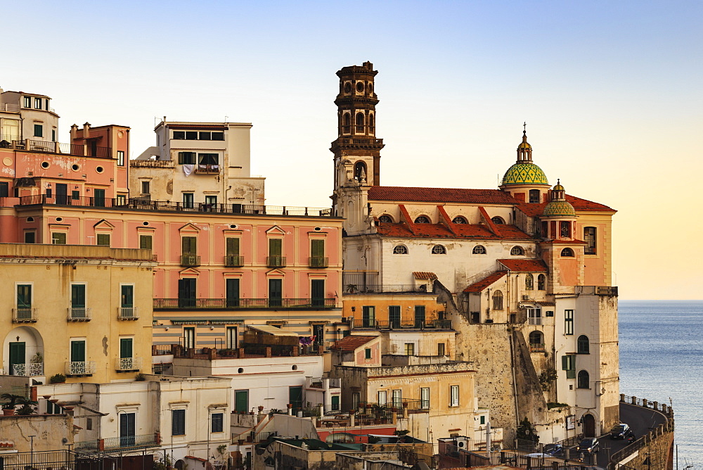 Church of Santa Maria Maddalena, warm light before sunset, Atrani, Amalfi Coast, UNESCO World Heritage Site, Campania, Italy, Europe