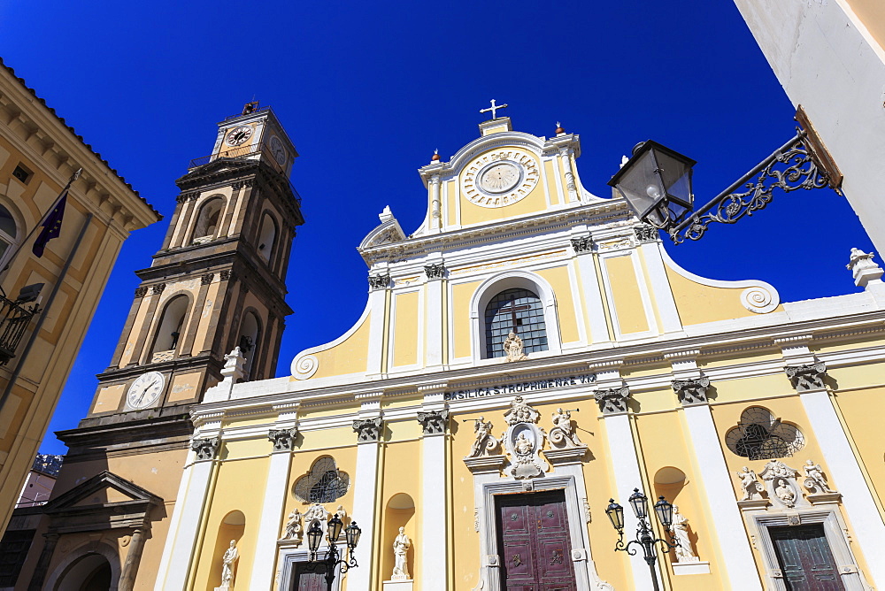 Cathedral of St. Trofimena in bright sun, Minori, Amalfi Coast, UNESCO World Heritage Site, Campania, Italy, Europe