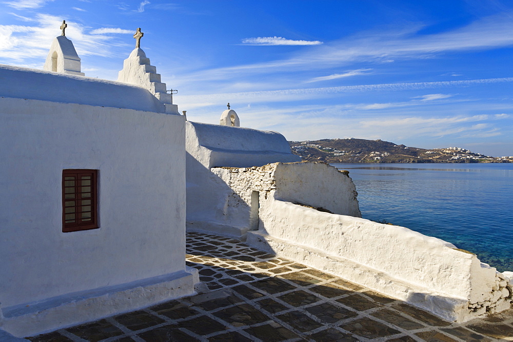 Church and view, Mykonos Town (Chora), Mykonos, Cyclades, Greek Islands, Greece, Europe 