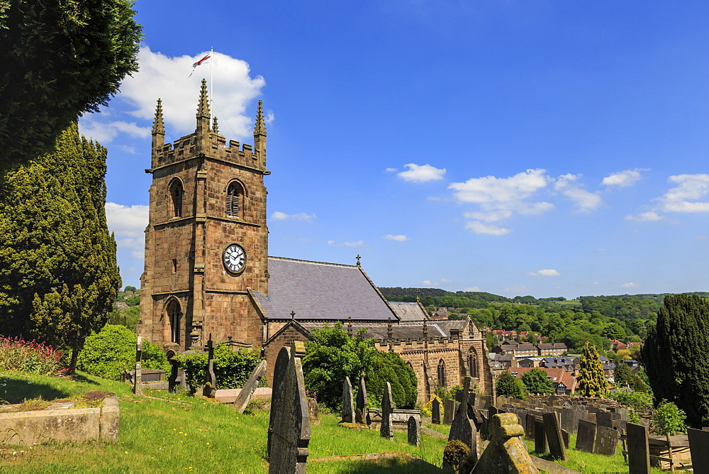 St. Giles Church and rolling hills surrounding Matlock in spring, Derbyshire Dales, Derbyshire, England, United Kingdom, Europe