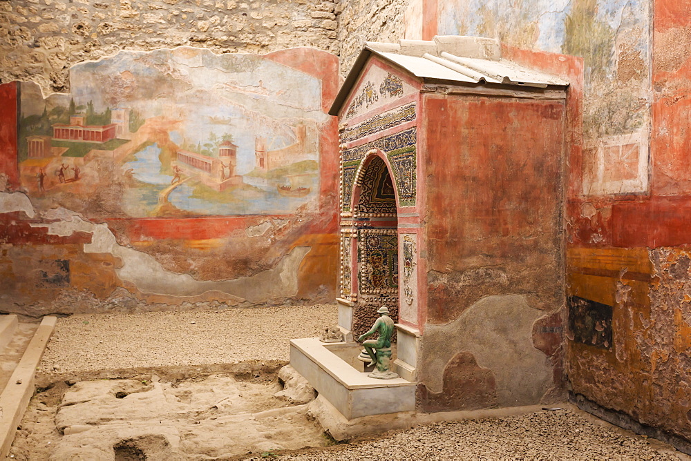 Mosaic and shell fountain, House of the Small Fountain, Roman Pompeii, UNESCO World Heritage Site, near Naples, Campania, Italy, Europe