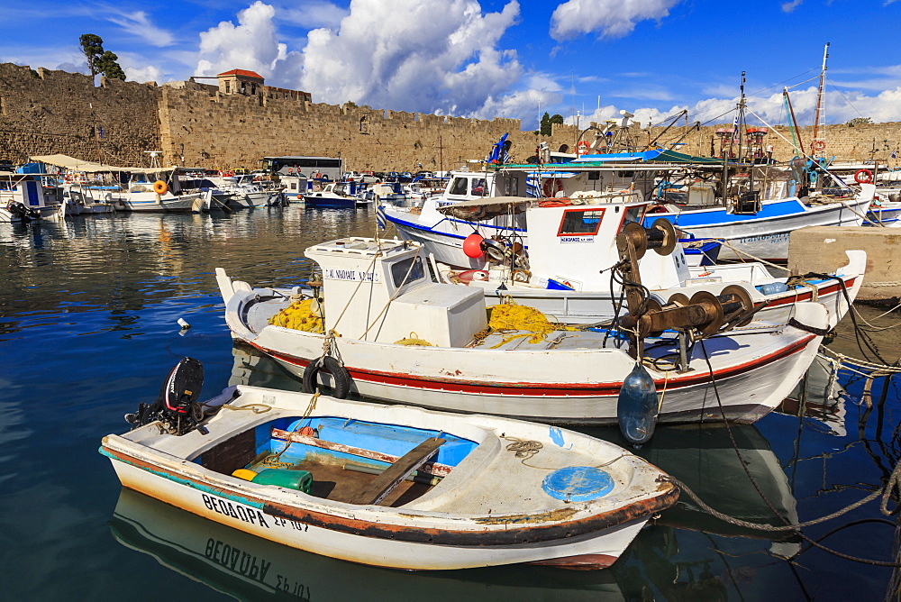 Fishing boats, Commercial harbour and Medieval walls, Old Rhodes Town, UNESCO World Heritage Site, Rhodes, Dodecanese, Greek Islands, Greece, Europe