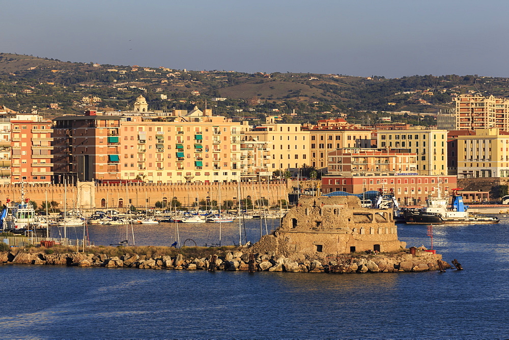 Civitavecchia and its harbour and fortifications, cruise ship port for Rome, from the sea, late afternoon sun, Civitavecchia, Lazio, Italy, Mediterranean, Europe