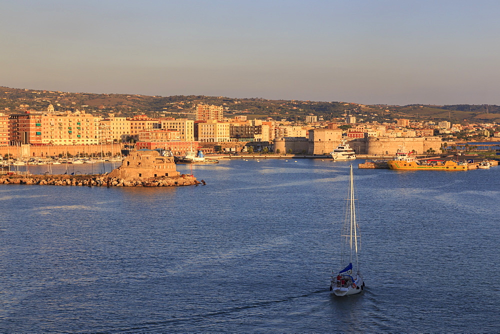 Civitavecchia and its harbour and fortifications, the cruise ship port for Rome, from the sea, late afternoon sun, Civitavecchia, Lazio, Italy, Mediterranean, Europe