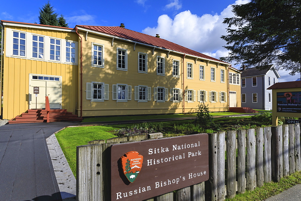 Russian Bishop's House, built 1843 in Sitka spruce, Sitka National Historical Park sign, rare sunny day, Southeast Alaska, United States of America, North America