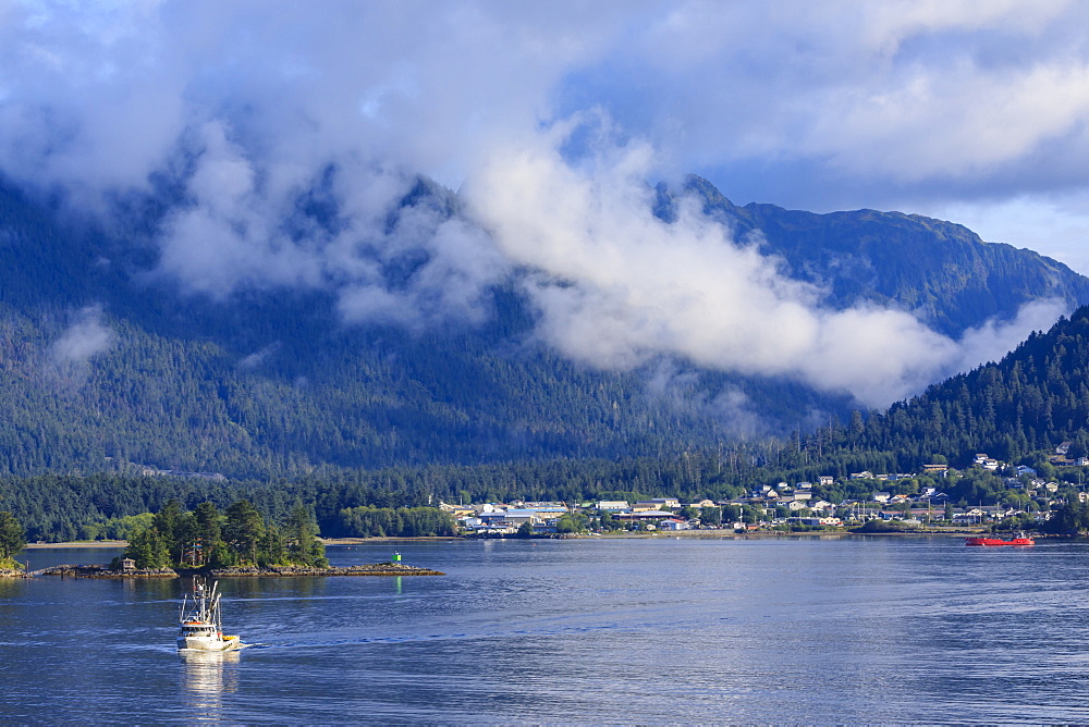 Fishing boat, clearing morning mists, Sitka Sound, Sitka, Northern Panhandle, Southeast Alaska, United States of America, North America