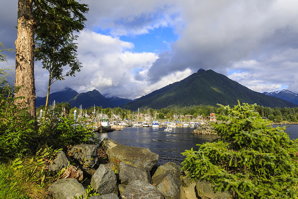 Crescent Boat harbour with beautiful wooded mountains and town of Sitka, rare sunny day, summer, Baranof Island, Alaska, United States of America, North America