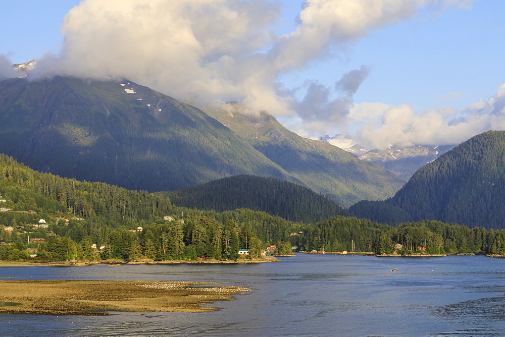 Forested mountains and wooden houses, from Sitka Sound, rare evening sun, summer, Sitka, Northern Panhandle, Alaska, United States of America, North America