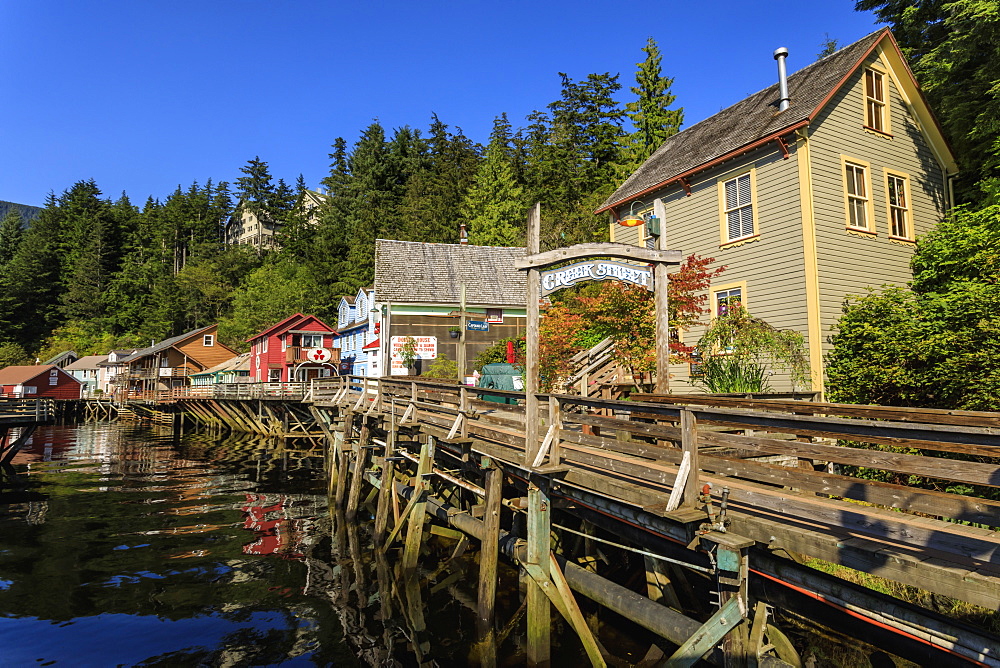 Creek Street, Ketchikan Creek boardwalk, historic red-light district, beautiful sunny summer afternoon, Ketchikan, Alaska, United States of America, North America