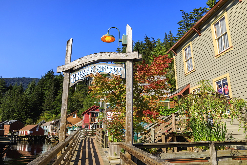 Creek Street, Ketchikan Creek boardwalk, historic red-light district, beautiful early autumn colours, Ketchikan, Alaska, United States of America, North America