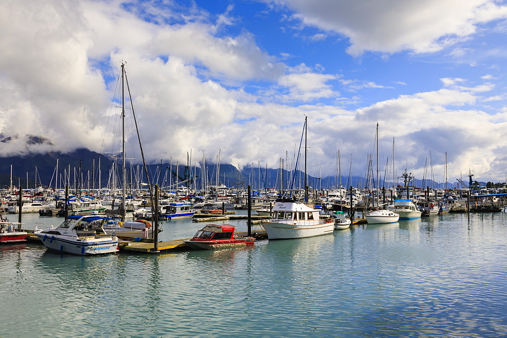 Small Boat Harbour, small boats and mountains, Seward, Resurrection Bay, Kenai Peninsula, Alaska, United States of America, North America