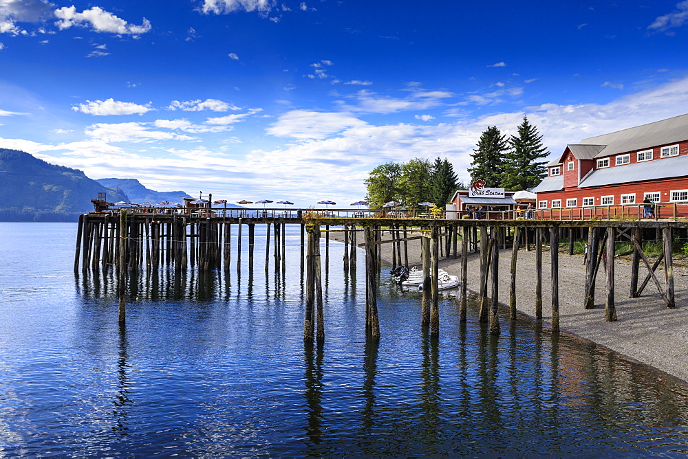 Restored salmon cannery museum, dock and boats, Icy Strait Point, Hoonah, Summer, Chichagof Island, Inside Passage, Alaska, United States of America, North America