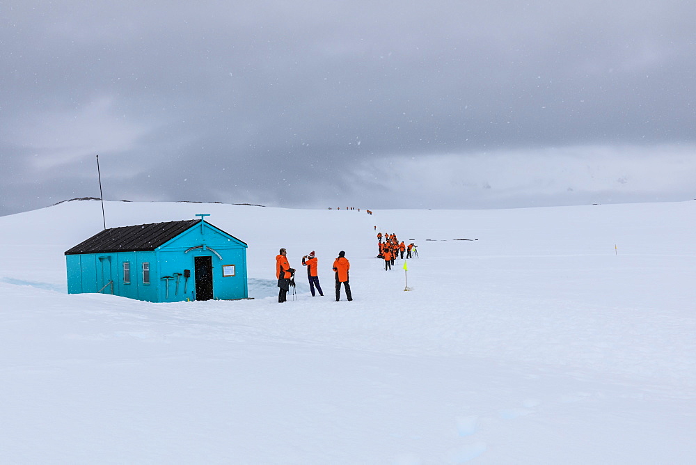 Expedition ship visit, Damoy Hut, former British Air Transit Facility, Historic Monument, Dorian Bay, Wiencke Island, Antarctica, Polar Regions