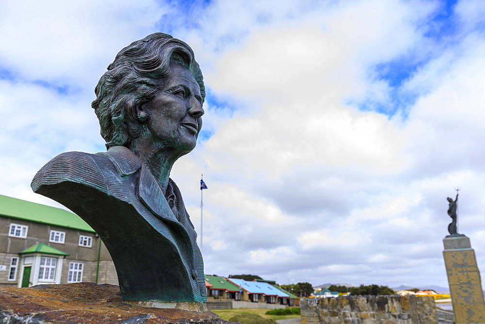 Margaret Thatcher bronze statue, 1982 Falklands War Memorial, Liberation Monument, Stanley, Port Stanley, Falkland Islands, South America