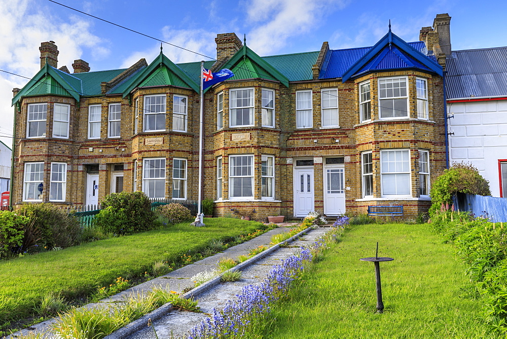 Historic Jubilee Villas, Victorian British terraced houses, Falklands flag, Stanley, Port Stanley, Falkland Islands, South America