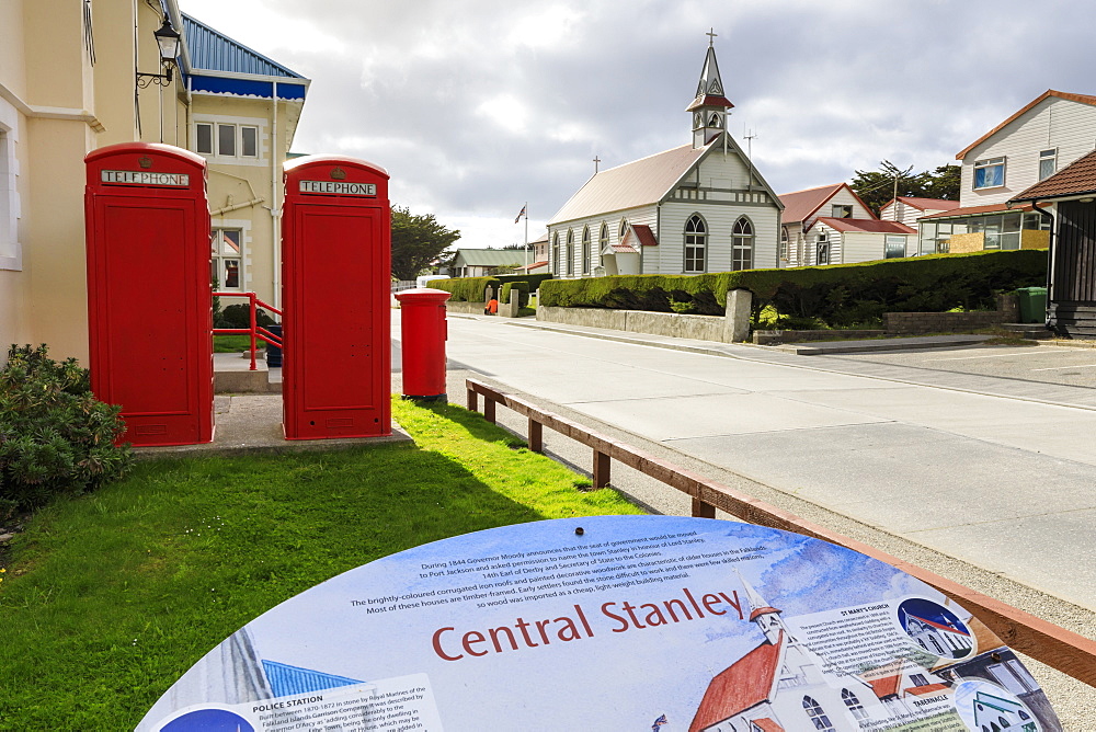 Central Stanley sign, Post Office, red telephone boxes and post box, traditional church, Port Stanley, Falkland Islands, South America