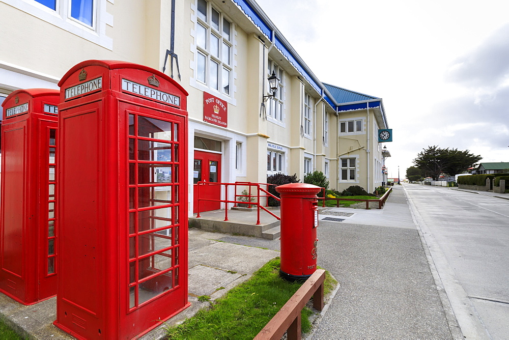 Post Office, Philatelic Bureau, red telephone boxes and post box, Central Stanley, Port Stanley, Falkland Islands, South America