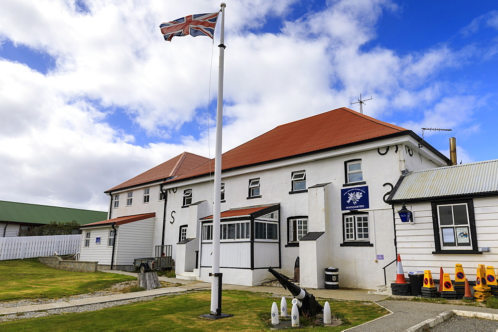 Historic Police Station Headquarters, British Flag, Central Stanley, Port Stanley, Falkland Islands, South America