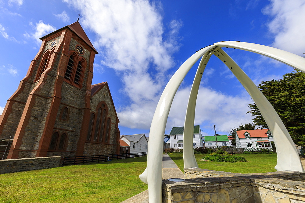 Christ Church Cathedral, restored Whalebone Arch, traditional houses, Stanley, Port Stanley, Falkland Islands, South America