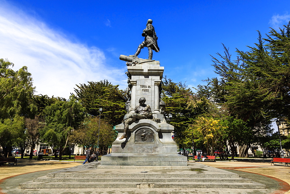 Magellan Monument, Plaza de Armas (Plaza Munoz Gamero), sunny day, Punta Arenas, Chile, South America