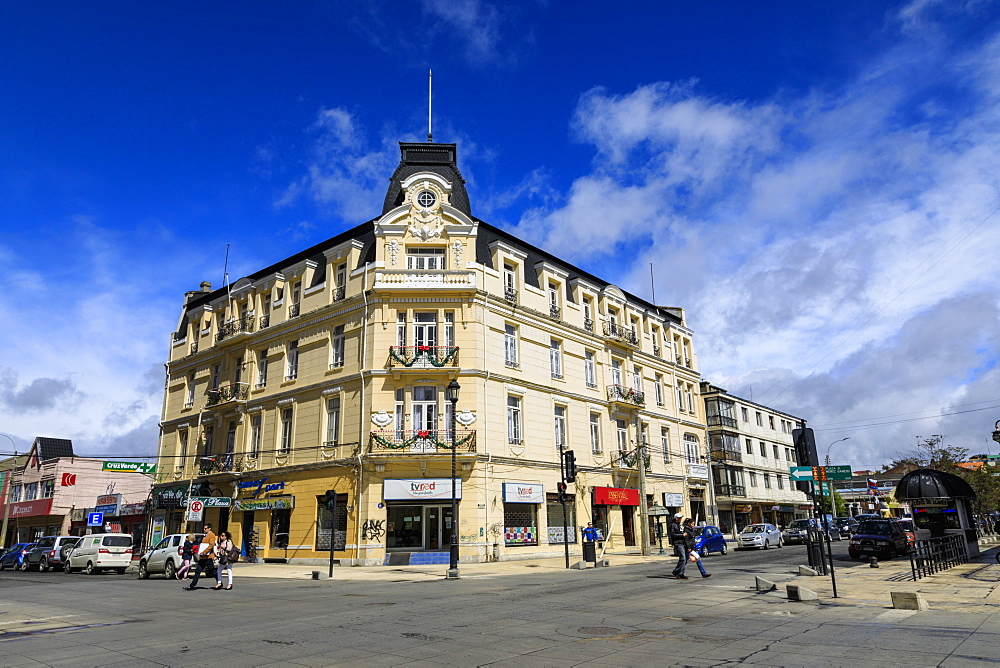 Opulent mansion on a sunny day, blue sky, Plaza Munoz Gamero (Plaza de Armas), Punta Arenas, Magallanes, Chile, South America