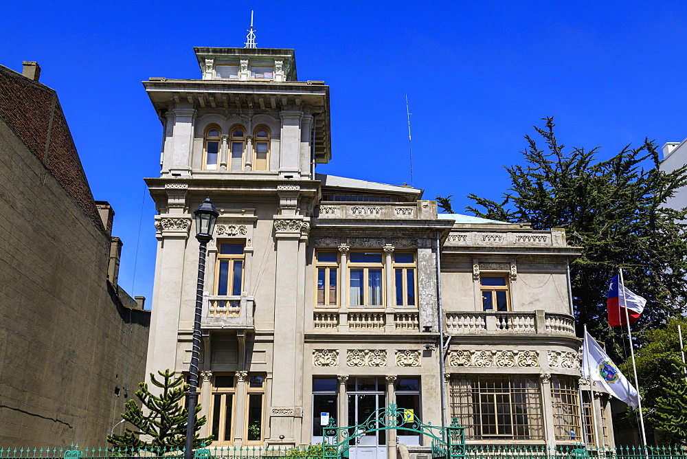 City Hall, former Jose Montes Palace, opulent mansion, sunny day, blue sky, Plaza Munoz Gamero, Punta Arenas, Magallanes, Chile, South America