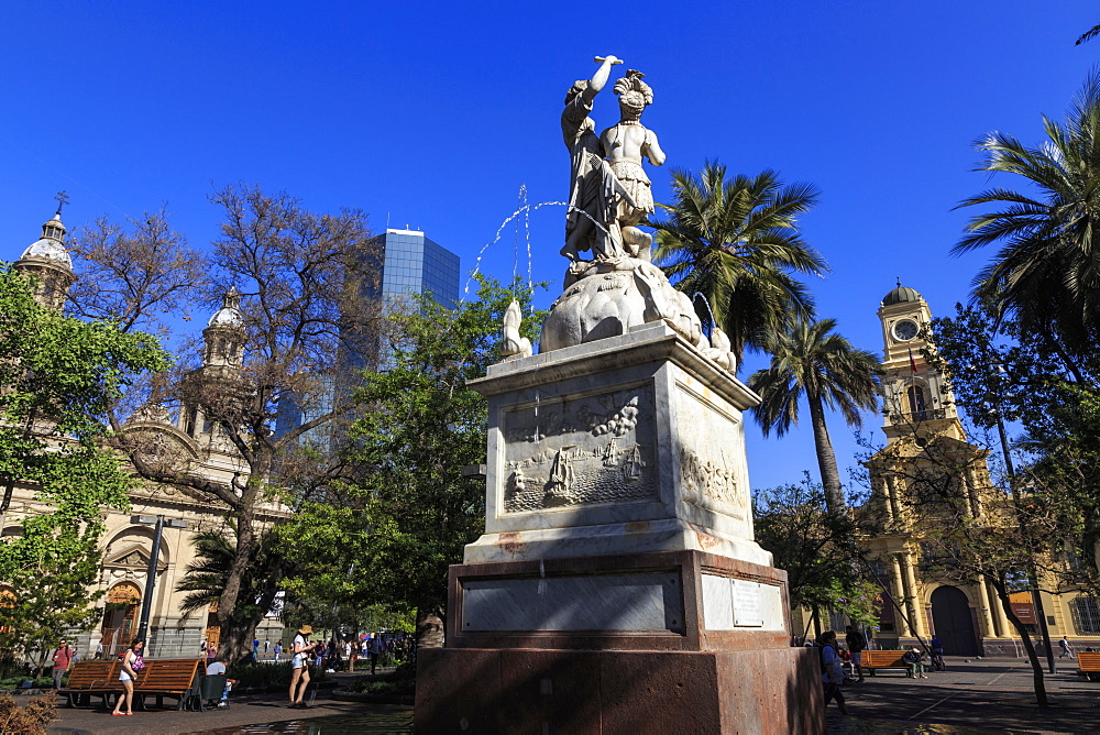 Simon Bolivar liberator fountain, lush trees, blue sky, Plaza de Armas, Santiago Centro, Santiago de Chile, Chile, South America