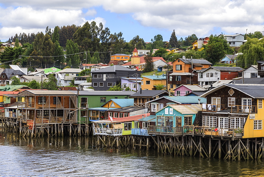 Palafitos, colourful stilt houses on water's edge, unique to Chiloe, Castro, Isla Grande de Chiloe, Chile, South America