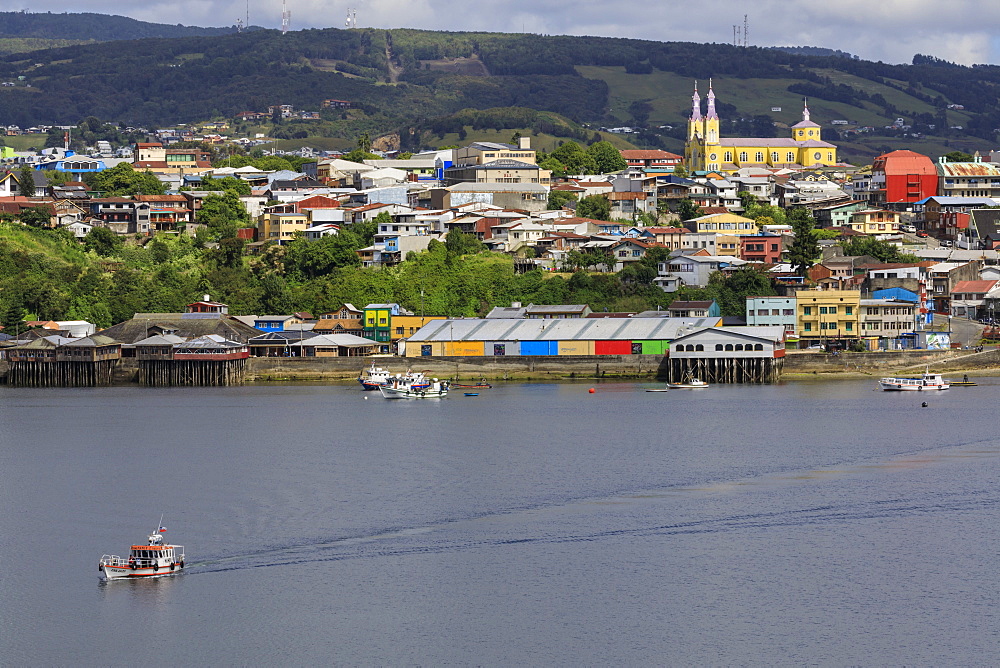 Castro, from the sea, Iglesia San Francisco de Castro, UNESCO World Heritage Site, fishing boat, Isla Grande de Chiloe, Chile, South America