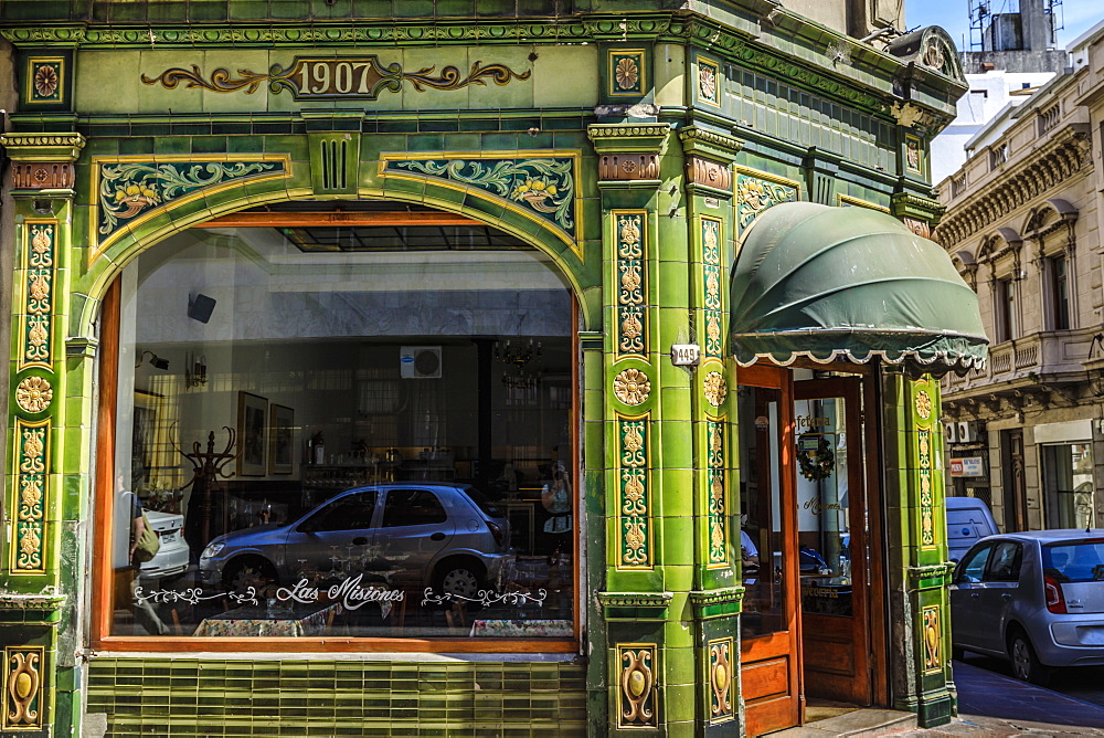 Old green tiled restaurant, historic colonial Ciudad Vieja, Old Town, Montevideo, Uruguay, South America