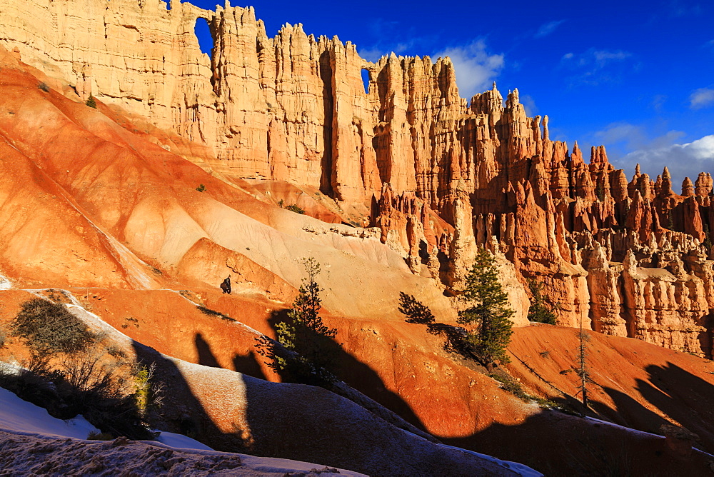 Hiker in front of Wall of Windows lit by early morning sun, icy Peekaboo Loop Trail, Bryce Canyon National Park, Utah, United States of America, North America