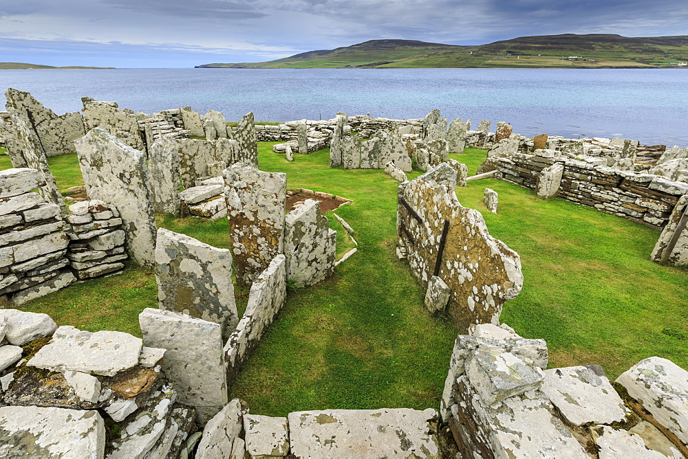 Broch of Gurness, view to Island of Rousay, Iron Age complex, prehistoric settlement, Eynhallow Sound, Orkney Islands, Scotland, United Kingdom, Europe