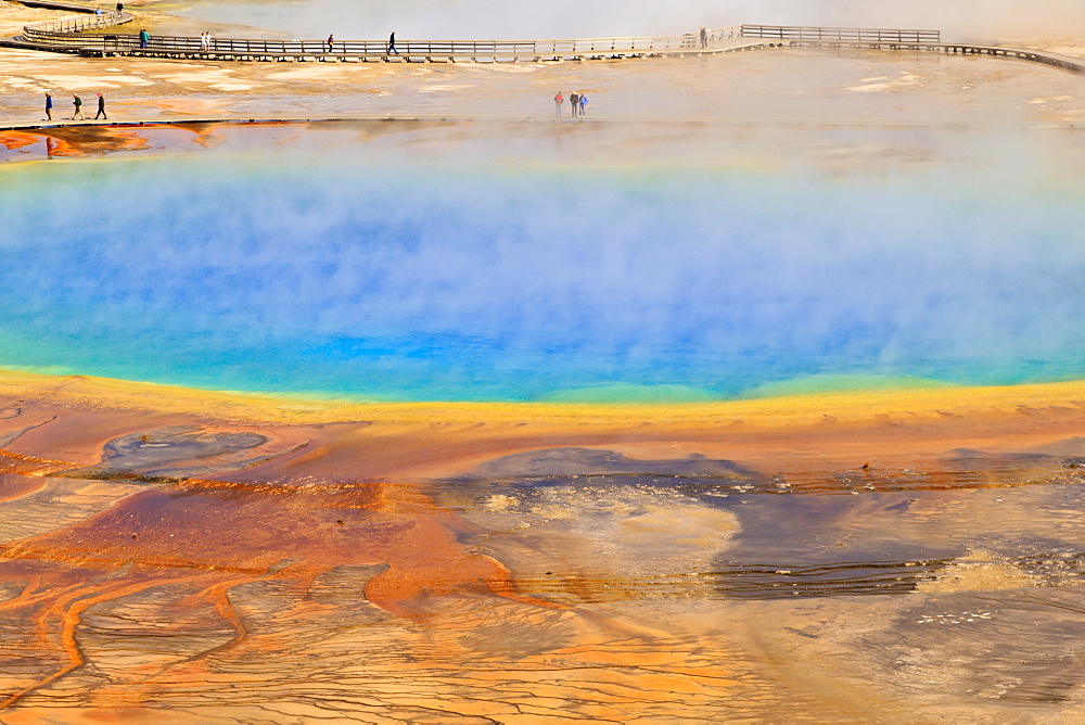 Visitors, steam and vivid colours, Grand Prismatic Spring, Yellowstone National Park, UNESCO World Heritage Site, Wyoming, United States of America, North America 