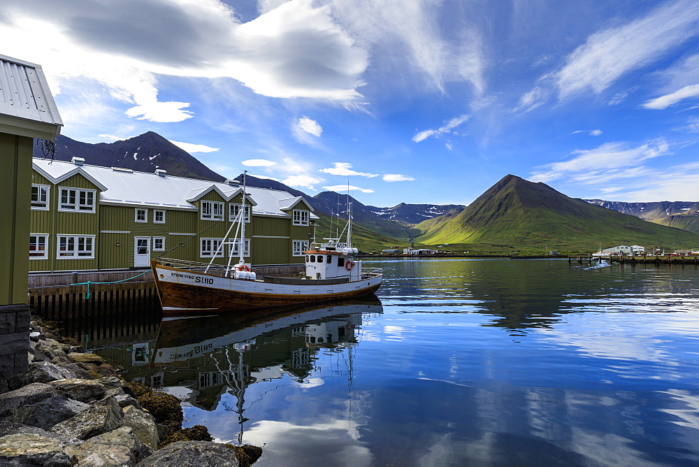 Fishing boat, hotel, mountain and fjord scenery, Siglufjordur, (Siglufjorour), stunning Summer weather, North Iceland, Europe, Europe