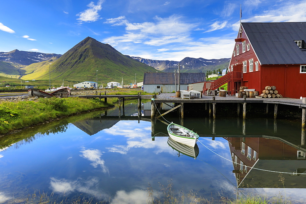 Award-winning Herring Era Museum, fjord scenery, reflections, Siglufjordur, (Siglufjorour), stunning Summer day, North Iceland, Europe