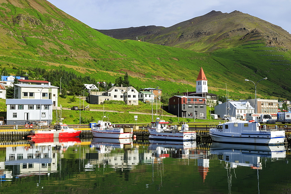 Town, mountains and fishing boats, Siglufjordur, (Siglufjorour), stunning Summer weather, North Iceland, Europe, Europe