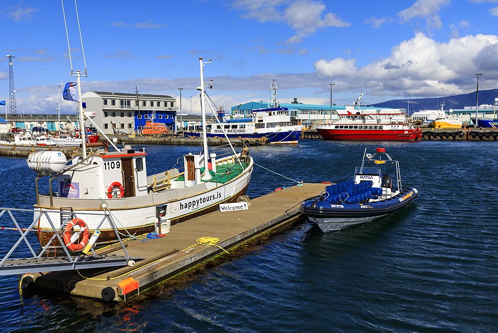 Colourful tour boats in Reykjavik Old Harbour, welcome sign, blue sea and summer sky, Reykjavik, Iceland, Polar Regions