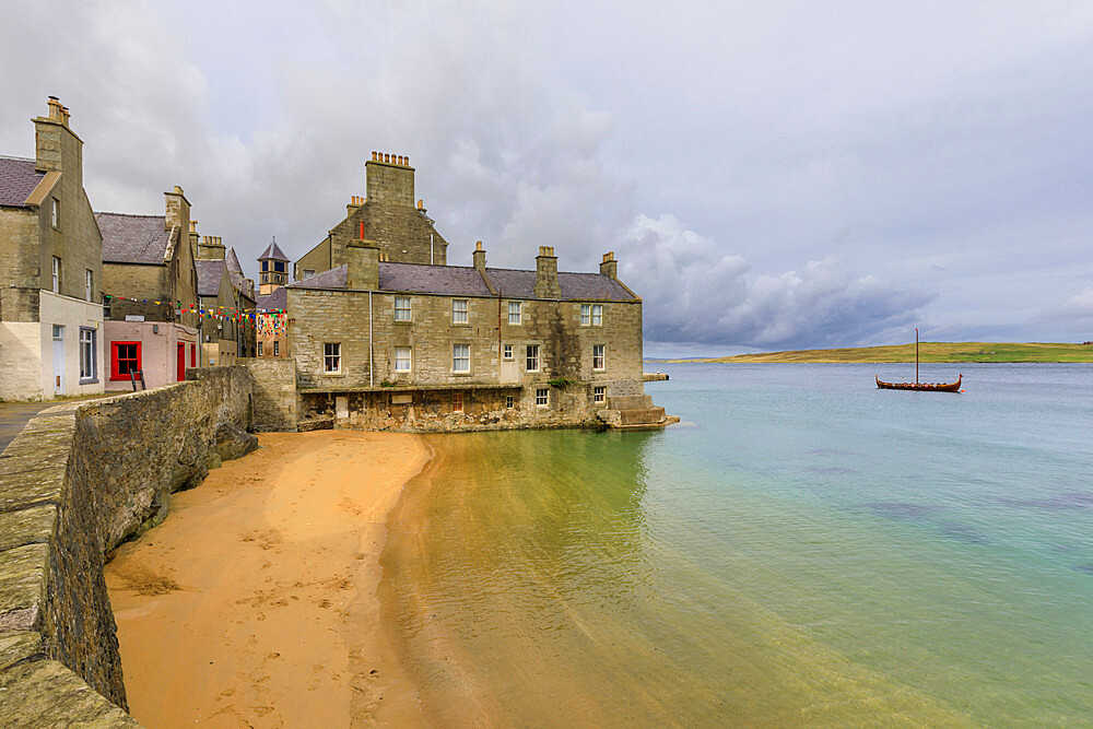 Weather front over Bain's Beach, smugglers cove, historic buildings, Central Lerwick, Shetland Isles, Scotland, United Kingdom, Europe