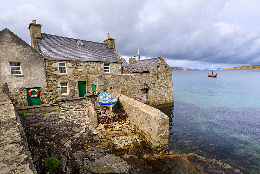 Weather front over the Lodberrie, historic building, home of TV detective Jimmy Perez, Lerwick, Shetland Isles, Scotland, United Kingdom, Europe