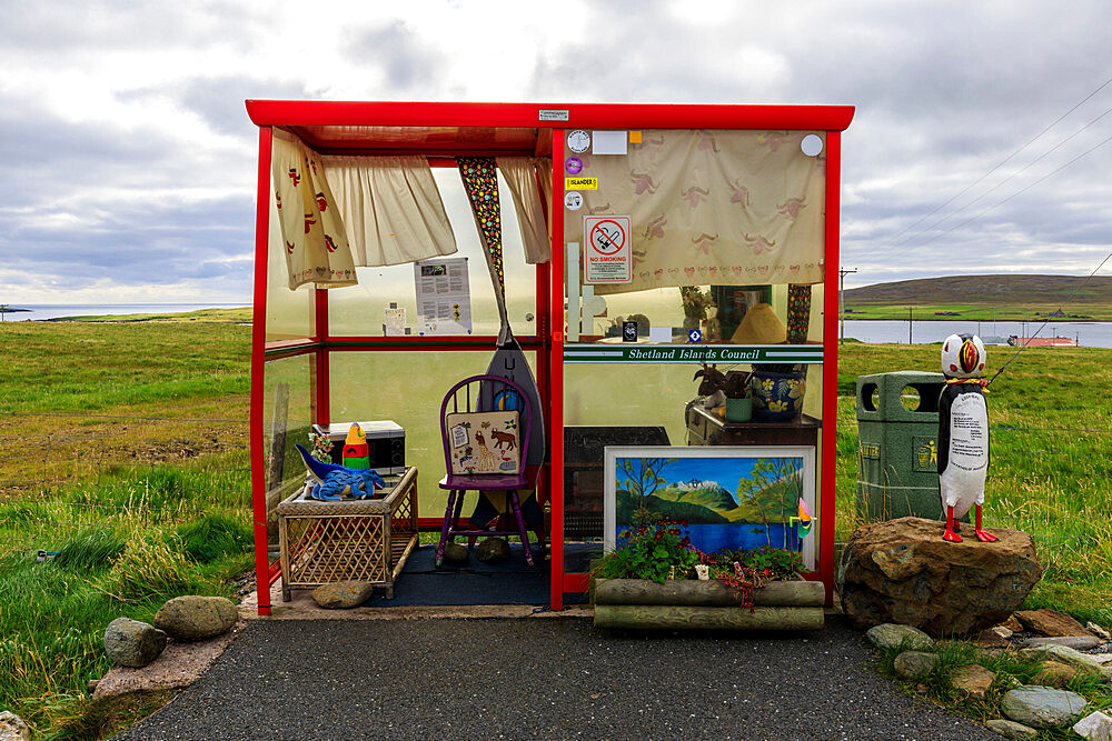 Bobby's Bus Shelter, uniquely decorated and quirky, annual theme, Baltasound, Island of Unst, Shetland Isles, Scotland, Europe