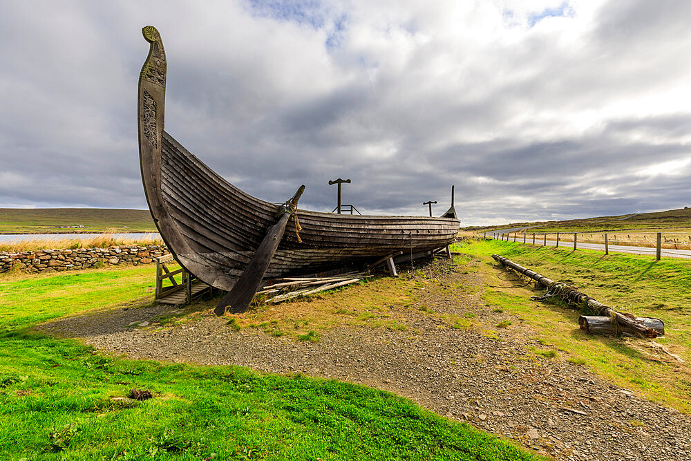 Replica Viking longship, Skidbladner, Haroldswick, Island of Unst, Shetland Isles, Scotland, United Kingdom, Europe