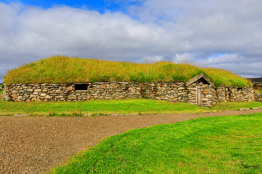 Replica Viking longhouse, turf roof, Haroldswick, Island of Unst, Shetland Isles, Scotland, United Kingdom, Europe