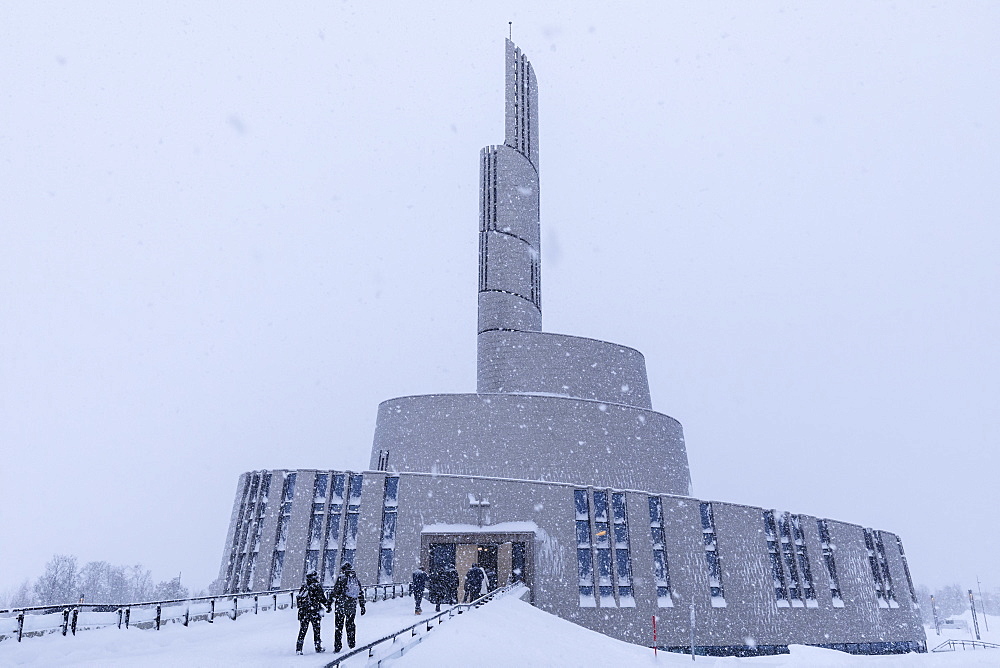 Northern Lights Cathedral, striking architecture, snow in winter, Alta, Altafjord, Finnmark, Arctic Circle, North Norway, Scandinavia, Europe