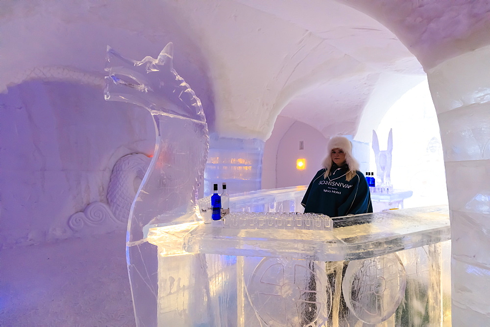 Sorrisniva Igloo Hotel, snow or ice hotel, striking sculpture, ice bar in winter, Alta, Finnmark, Arctic Circle, North Norway, Scandinavia, Europe