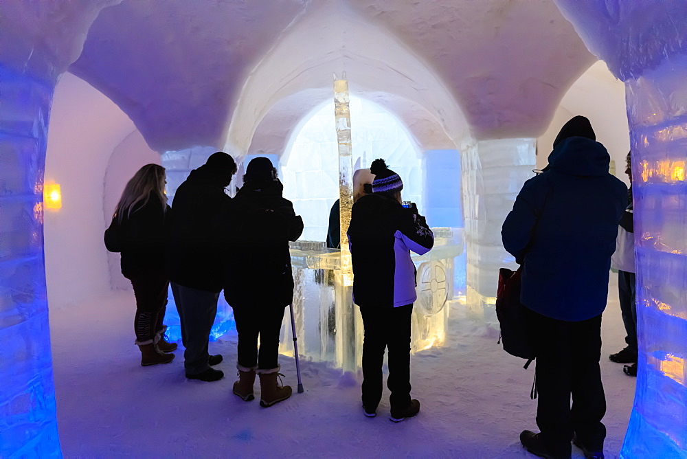 Sorrisniva Igloo Hotel, snow or ice hotel, striking sculpture, ice bar in winter, Alta, Finnmark, Arctic Circle, North Norway, Scandinavia, Europe